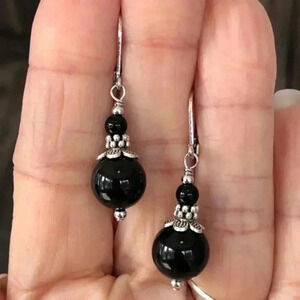 Beautiful Black Onyx Sterling Silver Lever Back Drop Earrings NWT